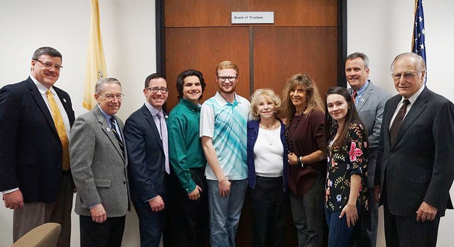  (L to R) Jerry Racioppi, OCC Vice President of Student Affairs; Dr. Jon H. Larson, OCC President; Kenneth J. Malagiere, Executive Director of OCC Foundation; Zachary James, OCC Student and Member of SLAP (Students Learning About Politics); Ed Bank, OCC Student and Member of SLAP (Students Learning About Politics); Mrs. Mary Ann Russo, Donor, wife of Sen. John F. Russo; Cathy Delanoy, Esq., Daughter of Mrs. Russo and the late-Senator Russo; Sabrina Varga, OCC Student; Joseph Konopka, OCC Vice President of Academic Affairs; and Stephan R. Leone, Member of OCC Board of Trustees and Member of OCC Foundation Board.