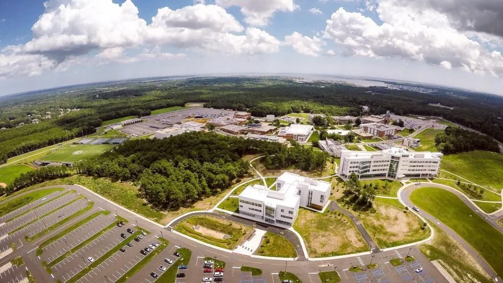 Aerial photograph of the Ocean County College main campus. The Gateway Building and the H. Hovnanian Health Sciences Building