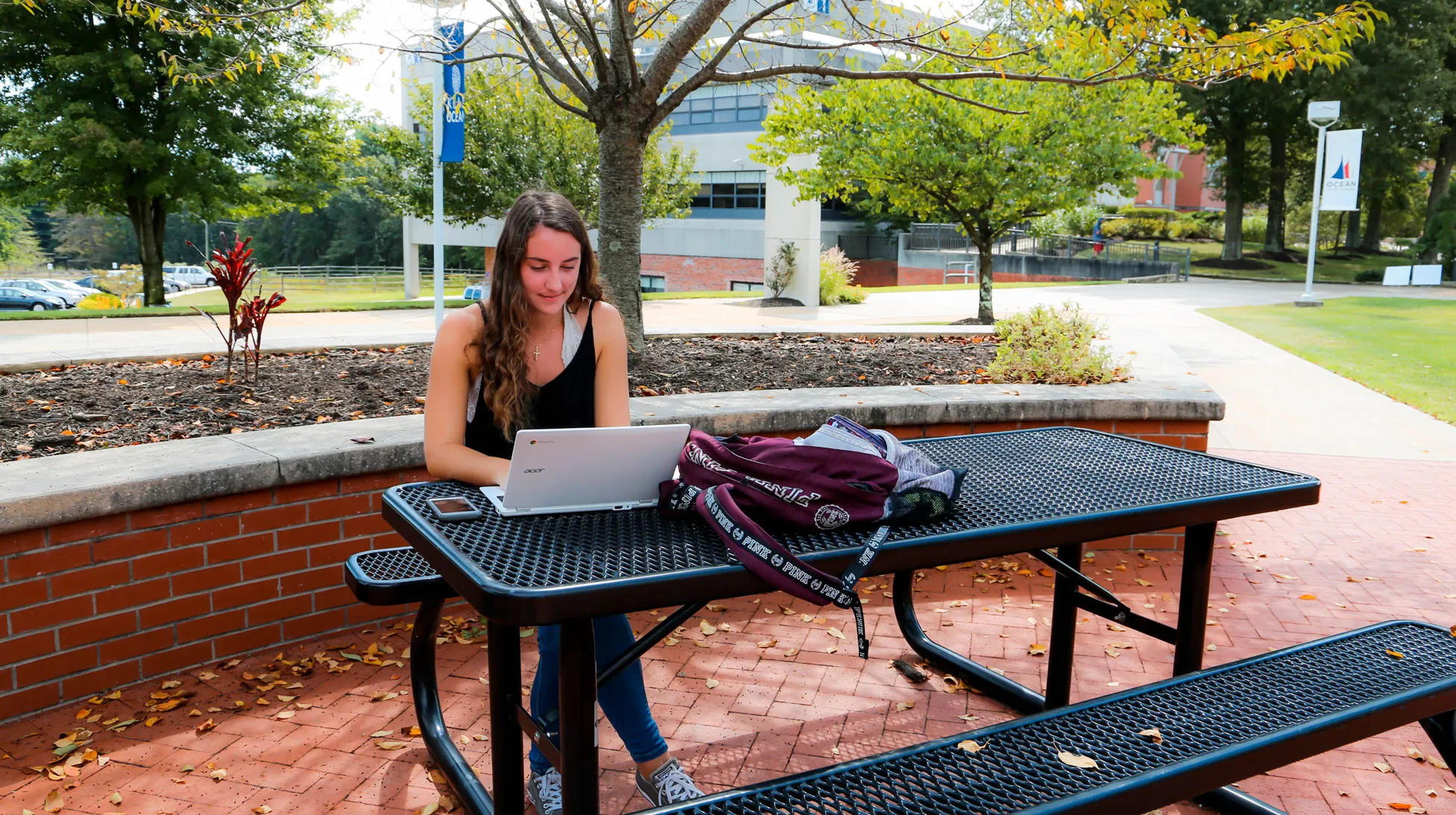 student sitting at a bench on campus using a laptop