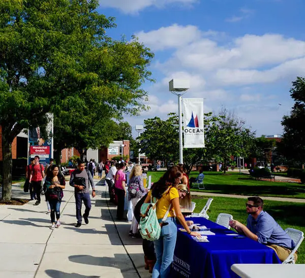 Students on campus at an event talking to different booths