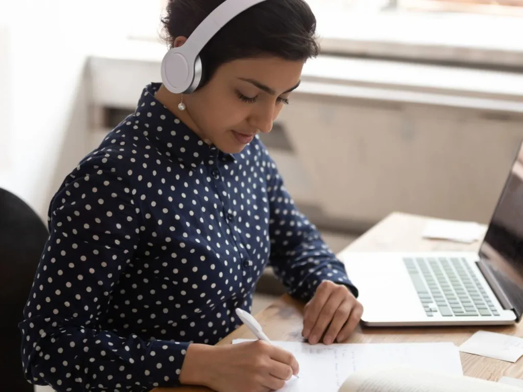 woman working with headphones on