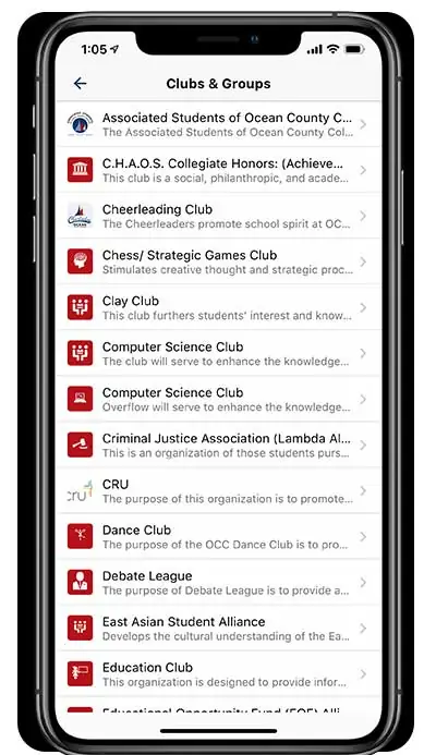 OCC app clubs and group on an iPhone screen