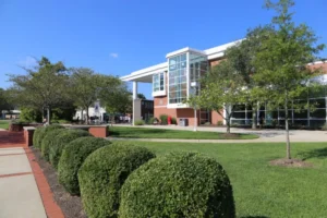 Outside of the Student Center building in summer